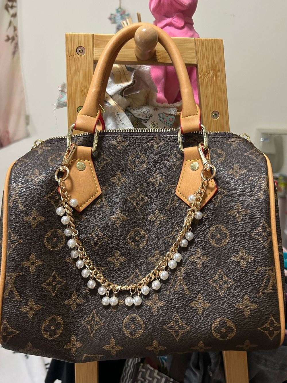 Louis Vuitton Brown Monogram Satchel with Pearl-Accent Chain